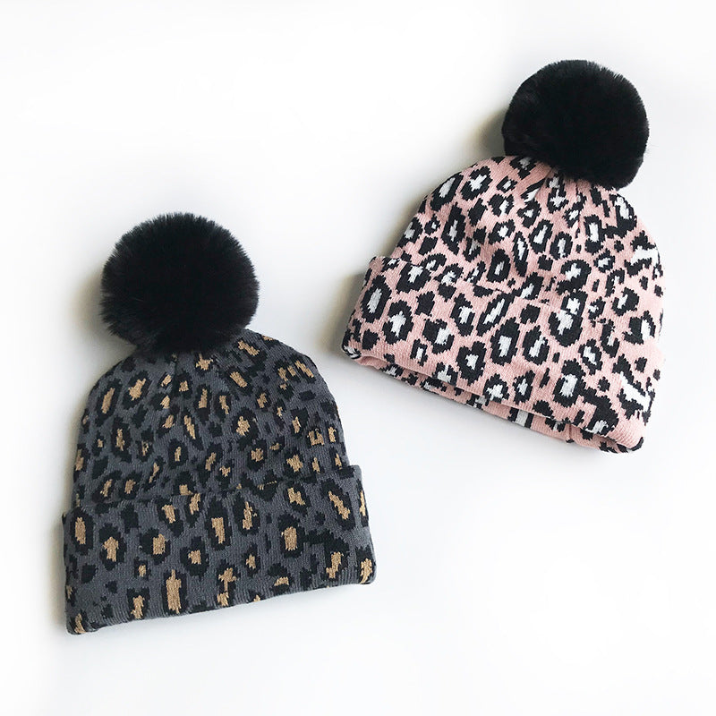 Wholesale Autumn and Winter Warm Double-layer Leopard Print Large Wool Ball Knitted Hats